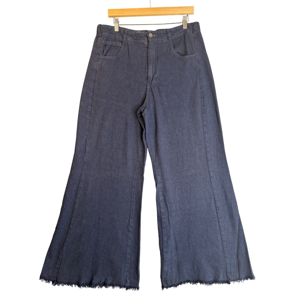 Pilcro Linen Stretch High Rise Wide Leg Raw Hem Pants Womens 32 Blue Coastal